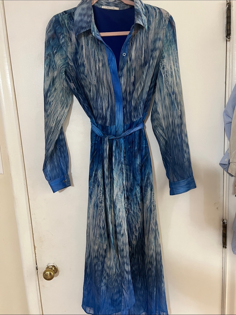 Tahari Blue Long-Sleeve Tie-Waist Shirt Dress